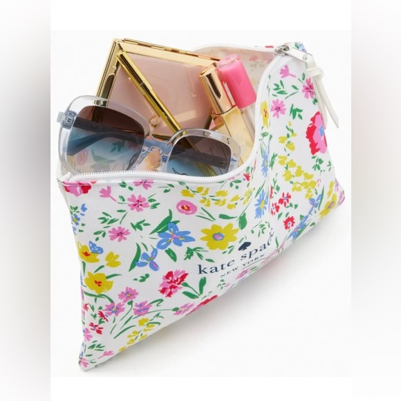 New Kate Spade New England Floral Large Cosmetic Pouch White Canvas Zipper - Picture 3 of 3